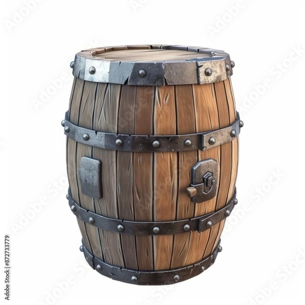 Fototapeta 3D Render of a wooden barrel with metal bands, on isolated white background, Generative AI