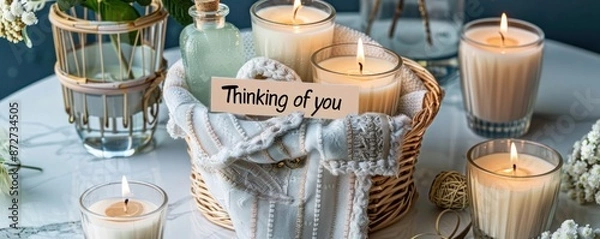 Fototapeta Sophisticated sympathy gift basket with a blanket, scented candles, and a "Thinking of you" message, on a marble table.