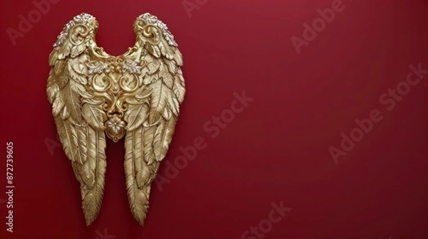 Fototapeta A golden angel wing ornament with intricate details, isolated on a deep red background.