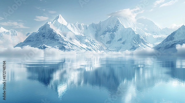 Fototapeta A serene winter landscape with snow-covered mountains reflecting in the calm waters of an ice lake
