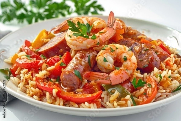 Fototapeta A plate of spicy jambalaya with shrimp, sausage, and bell peppers, garnished with parsley. Isolated on pure white background