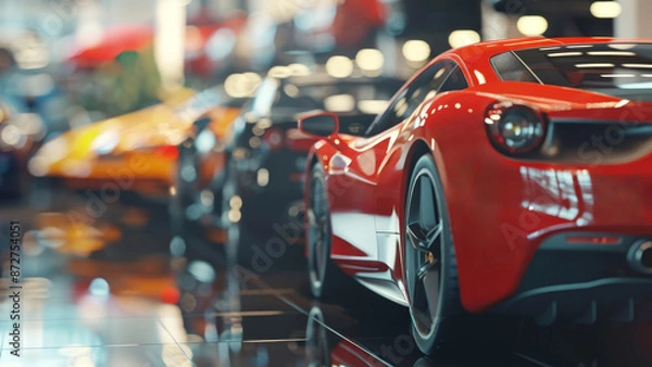 Obraz Close up of a modern red car in a car dealership. Car suitable for automotive industry promotions. Back view of a red car. Blurred background. Selective focus. Generative AI.