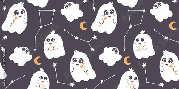 Fototapeta ghosts Pattern, Seamless Halloween pattern, design a family of ghosts, stars, moon,  pumpkins, ideal for children's textiles,  stationery, backpacks, packaging, cute cartoon ghosts, dark background
