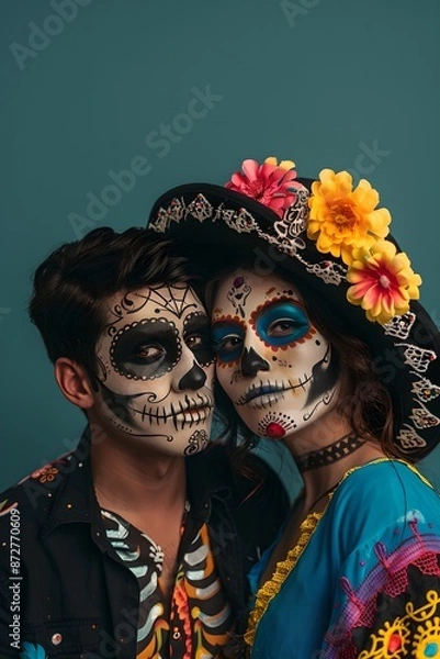 Fototapeta Couple with sugar skull makeup isolated on dark blue background. Day of the Dead, Dia de los muertos, Halloween celebration. Studio portrait of Calavera Catrina. Event poster, banner with copy space