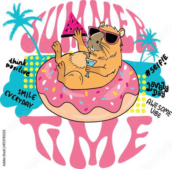 Fototapeta bright summer print with capybara. Typography slogan  for t-shirts.  for greeting card, t shirt printing and embroidery, Graphic tee and printed tee. Girlish print