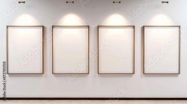 Fototapeta Four frames on a classic white wall, arranged symmetrically, each highlighted by a spotlight, creating a timeless and elegant display in