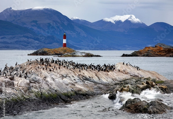 Fototapeta Les Eclaireurs Lighthouse in the Beagle Channel off the coast of Tierra del Fuego in southern Argentina, South America.