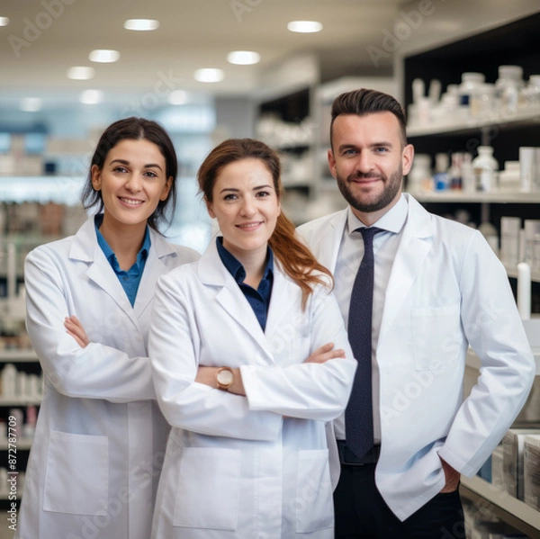 Obraz Three Pharmacists Standing United in Service: Together We Stand, Together We Care
