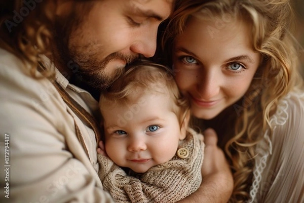 Fototapeta A loving couple cradles their baby with gentle affection, embodying the essence of family bonding and the tender connection that unites them.
