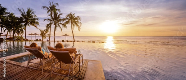 Fototapeta beach holidays for couple in luxury hotel, banner background with copyspace, man and woman relaxing near swimming pool at sunset