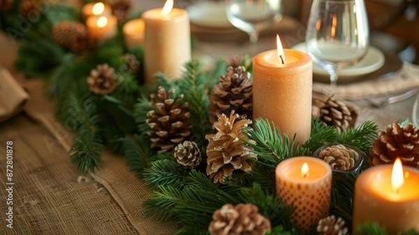 Obraz Eco friendly rustic holiday table decor with candles and pine handmade setting