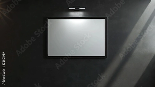Fototapeta A single frame on a sleek black wall, under a bright spotlight, creating a striking and minimalist focal point in