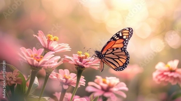 Fototapeta Monarch Butterfly feeding on pink Zinnia flowers in a summer garden with a soft background
