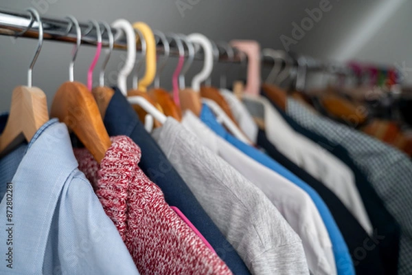 Fototapeta Clothes hanging in closet, several pieces on each hanger. Inconvenient way of storing clothing, challenge of organizing and accessing garments efficiently