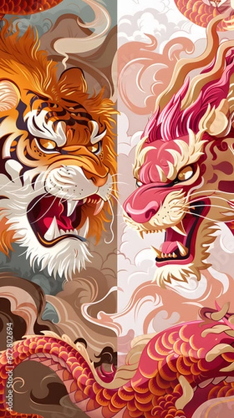 Fototapeta 猛々しい虎とピンクの龍のイラスト