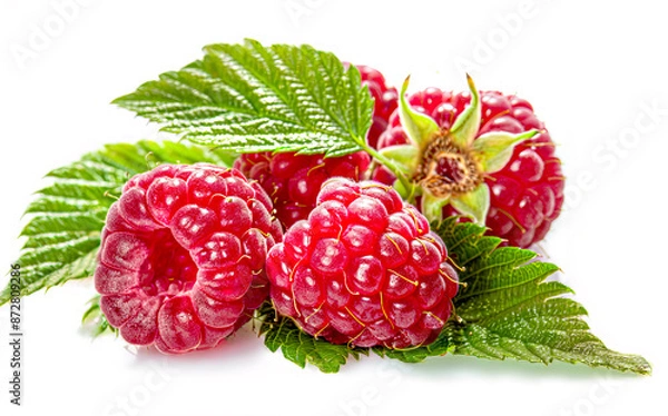 Obraz Three red raspberries and leaves on white background