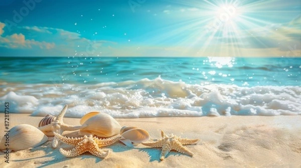 Fototapeta beautiful beach with white sand, starfish and shells, corals on the background
