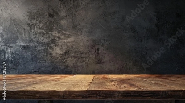 Fototapeta Lonely wooden countertop against a dark concrete wall in a home interior Evening with dim lighting Ample room for text