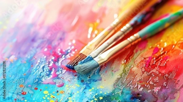 Fototapeta Colorful watercolor painting with water and brushes