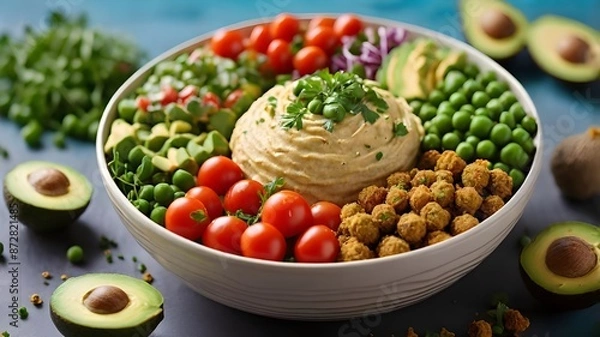 Obraz Photo of healthy vegan lunch bowl with falafel hummus tomato avocado peas
