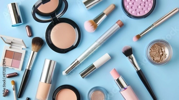 Fototapeta Makeup products arrangement on blue background top view photo