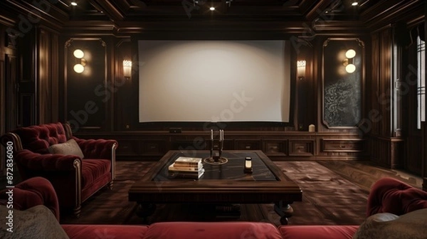 Fototapeta A luxurious TV lounge featuring a large projector screen