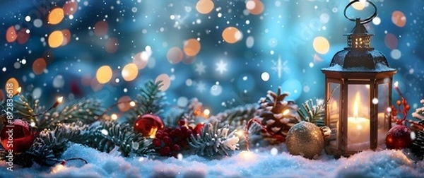 Obraz Christmas Lantern With Snow And Decorations