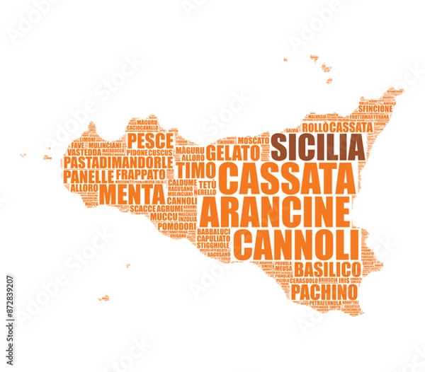 Fototapeta Italian region Sicily map silhouette word cloud illustration made of foods and wines local names