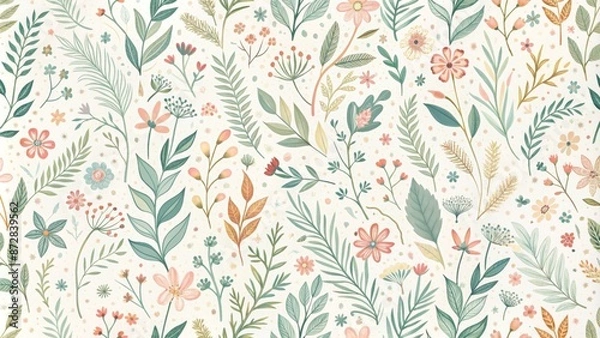 Fototapeta Delicate hand-drawn small flowers, leaves, and branches in soft pastel colors on a white background, forming a seamless botanical pattern.
