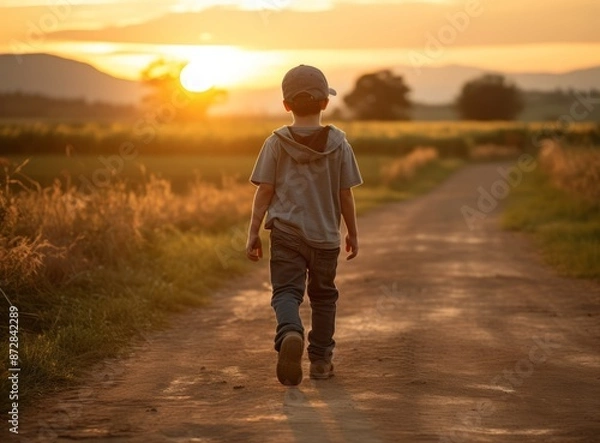 Fototapeta A boy is walking down a country road, viewed from behind.