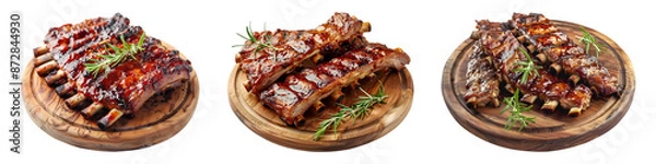 Obraz Grilled pork ribs on wooden board on transparent background