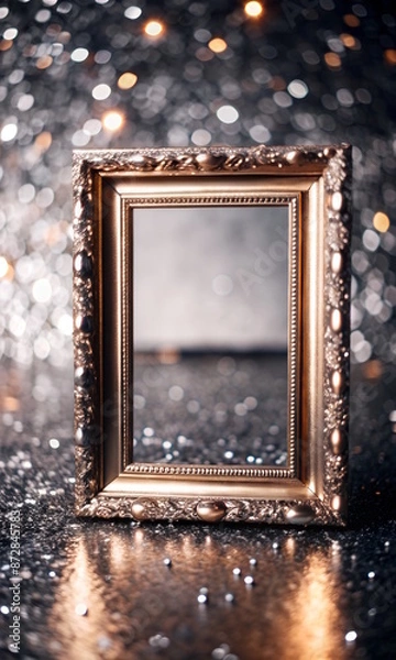 Fototapeta Golden Glowing Empty Frame, Festive glitter background, copy space.