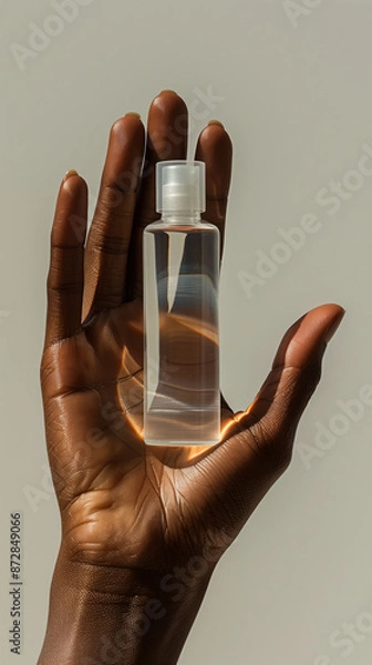 Fototapeta Empty cosmetic bottle inside the palm of a hand, dark skin against grey wall, beauty product mockup