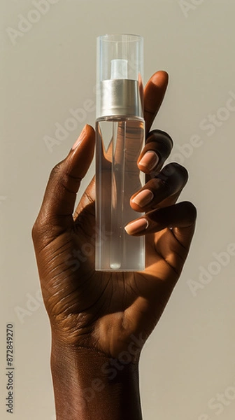 Fototapeta Beauty product mockup see-through cosmetic skin care bottle held by person with dark skin, elegant hand holding empty flask