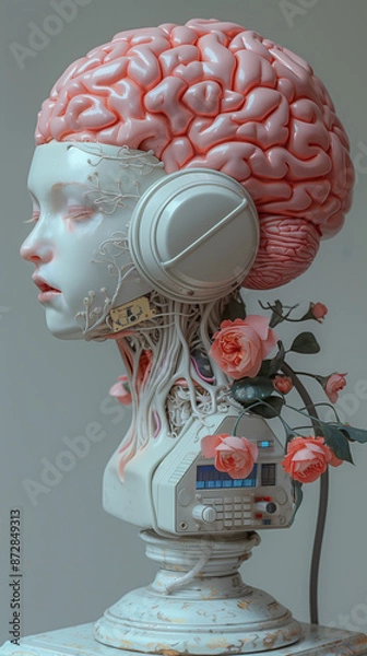 Fototapeta Bust sculpture of a hals Asian female with visible brain, human merging with computer technology concept, rose to symbolize nature