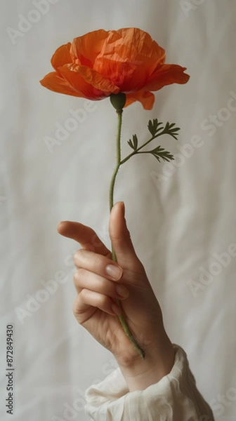 Fototapeta Single red poppy flower being held in a hand with pointing finger, isolated closeup against a fabric backdrop