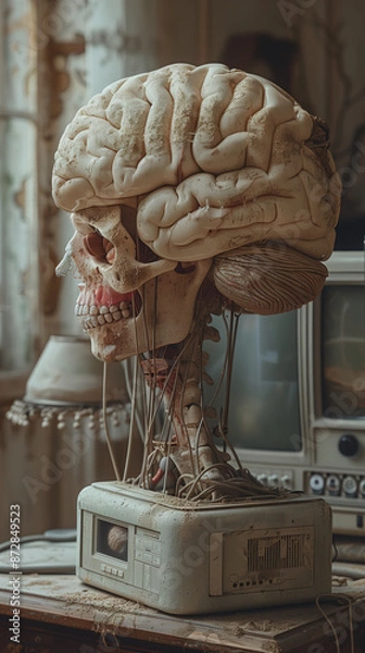 Fototapeta Anatomic model of a human skull and brain connected to a computer device, merging of human and computer intelligence, future of technology concept