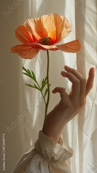 Fototapeta Large poppy flower emerging from a person's sleeve as if it grows from an arm, red flower and romantic bell sleeve