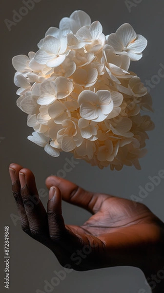 Fototapeta Hydrangea flowers floating in mid air above a person's hand, floral magic, dark skin against grey background, surrealism