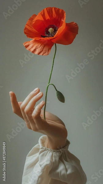 Fototapeta Beautiful red poppy flower growing from the center of a hand, magic realism, white hand with bell sleeve, romantic floral still life photography
