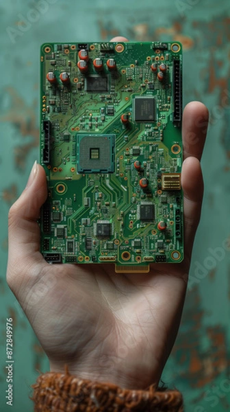 Fototapeta Close-up of a motherboard being held inside the palm of a hand, evolution of computer technology concept