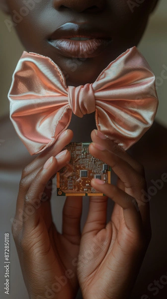 Fototapeta Close-up of a black woman holding a computer chip and wearing a pink bow around her neck, African female working in tech concept