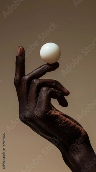 Fototapeta Round sphere balancing on a person's hand, black skin and white ball, abstract minimalism