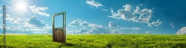Fototapeta Open Door to Green Meadow with Blue Sky