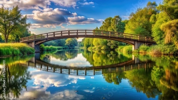 Fototapeta A scenic bridge over a tranquil river , bridge, water, crossing, architecture, connection, nature, outdoor, sky, clouds