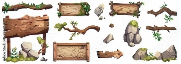 Fototapeta Eco-Friendly GameUI Frame Collection with Wooden and Stone Frames and Lush Greenery