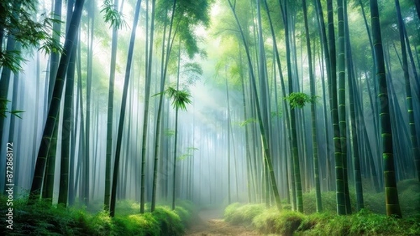 Obraz Misty forest scene with bamboo trees, nature, environment, foggy, tranquil, green, lush, trees, serene, mist, peaceful, zen