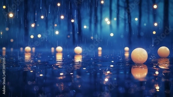 Fototapeta A serene scene of softly glowing orbs suspended in a sea of midnight blue, their reflections shimmering on the rain-soaked asphalt below.