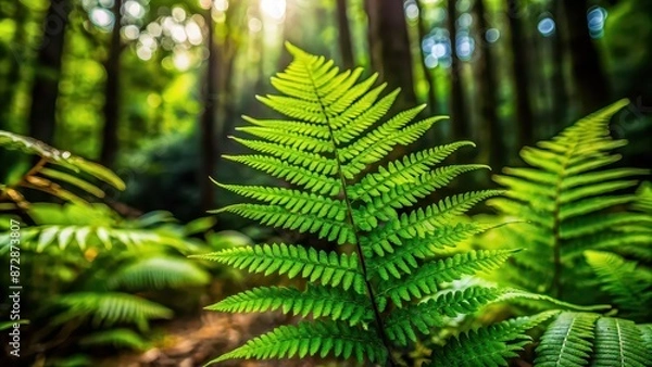 Fototapeta Close-up of lush green fern growing in a dense forest , nature, plant, growth, leaves, foliage, forest floor, botanical
