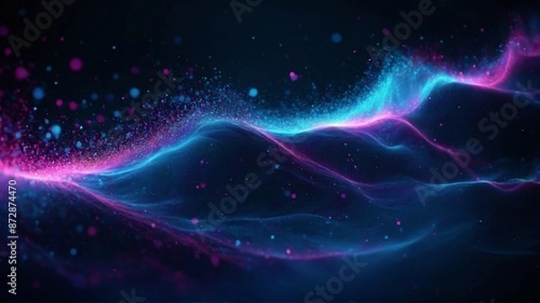 Fototapeta Neon Wave, A Vibrant Digital, A mesmerizing digital artwork depicting a vibrant wave of energy composed of luminescent particles, flowing seamlessly in shades of blue, pink, and purple. 